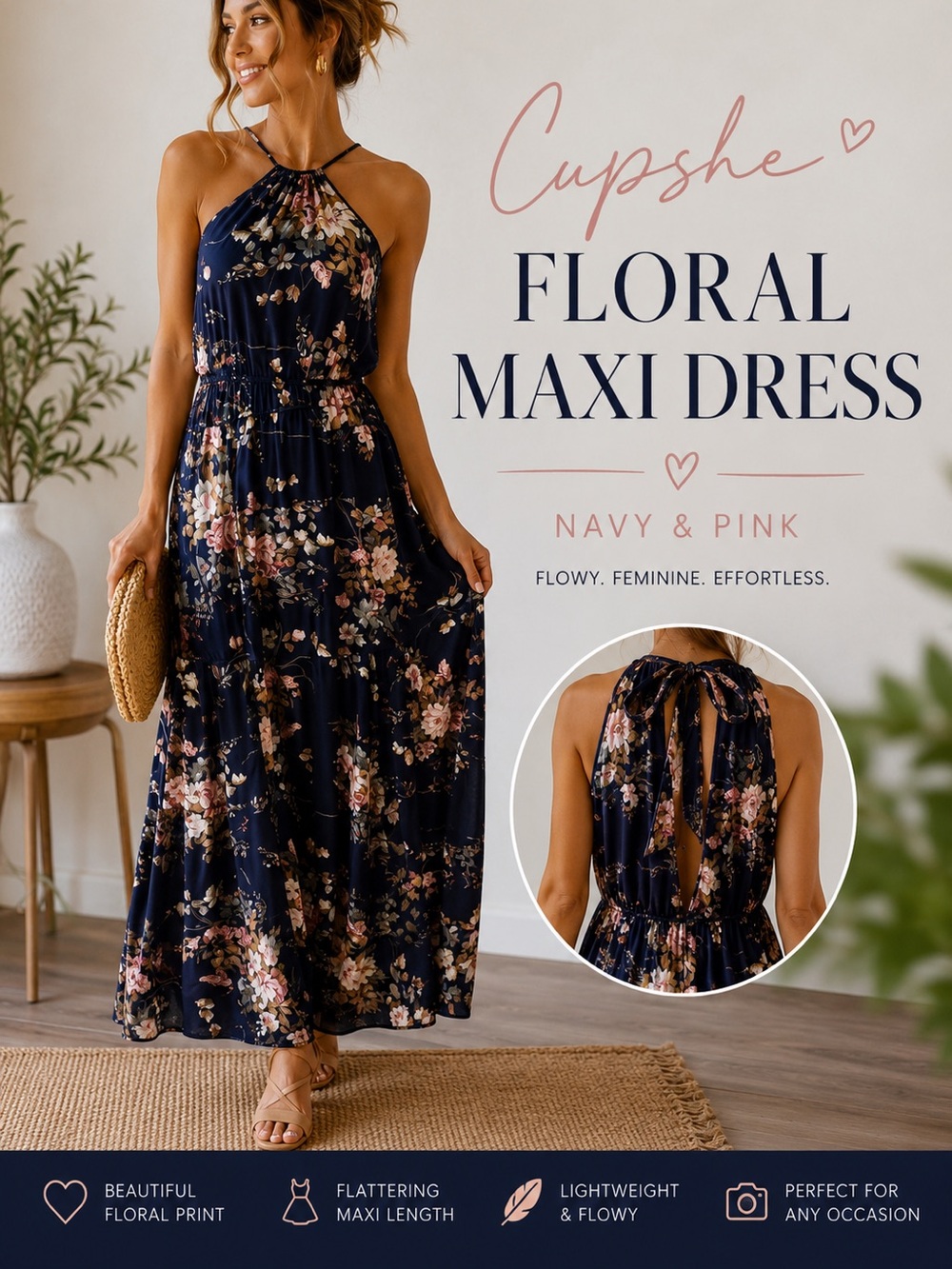 Cupshe Floral Maxi Dress - Navy and Pink